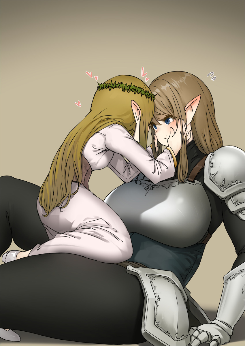2girls absurdres armor black_bodysuit blonde_hair blue_eyes blush bodysuit breastplate breasts commentary corset crown dress ear_blush elf eye_contact flying_sweatdrops gauntlets hand_on_another's_face hand_on_floor heart highres knight large_breasts light_brown_hair long_hair looking_at_another multiple_girls open_mouth original pauldrons pelvic_curtain pointy_ears pout princess shoulder_armor sidelocks sitting size_difference small_breasts sweatdrop swept_bangs thick_thighs thighs uru_(uru0000) very_long_hair white_dress yuri
