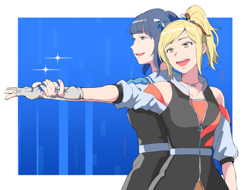 2girls :d asaka_karin back-to-back bare_shoulders black_jacket blonde_hair blue_background blue_eyes blue_hair blue_jacket clothing_cutout collarbone commentary dark_blue_hair diverdiva fingerless_gloves gloves height_difference idol_clothes jacket jewelry kitamura_touru love_live! love_live!_nijigasaki_high_school_idol_club medium_hair miyashita_ai multiple_girls necklace open_mouth outstretched_arm ponytail reaching red_jacket short_sleeves shoulder_cutout smile sparkle standing upper_body white_background white_gloves yellow_eyes