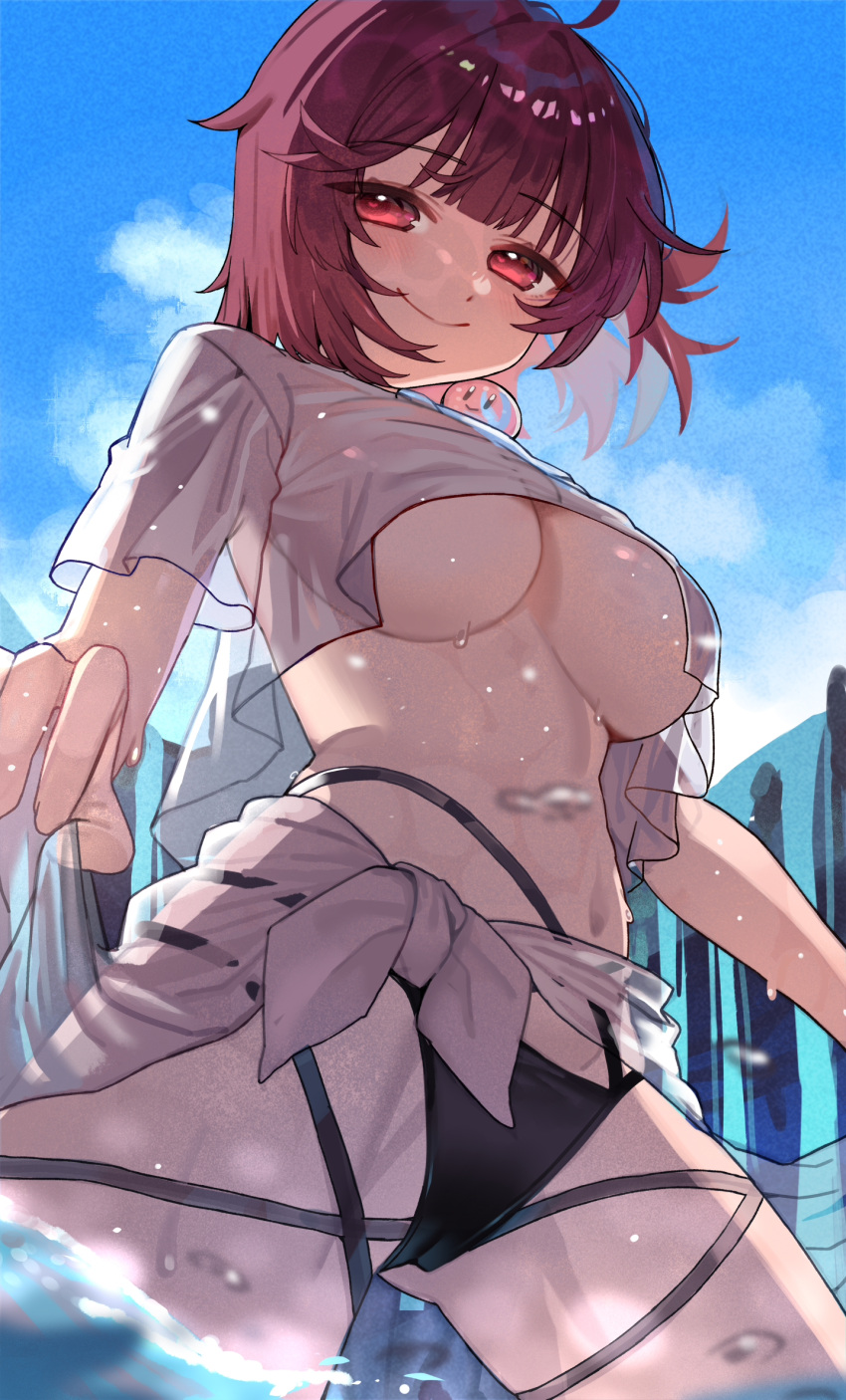 1girl atelier_(series) atelier_sophie bikini black_bikini blue_sky breasts closed_mouth cloud day highres large_breasts looking_at_viewer outdoors partially_submerged red_eyes red_hair ryuuno6 shirt short_hair sky smile solo sophie_neuenmuller swimsuit thighs underboob water white_shirt