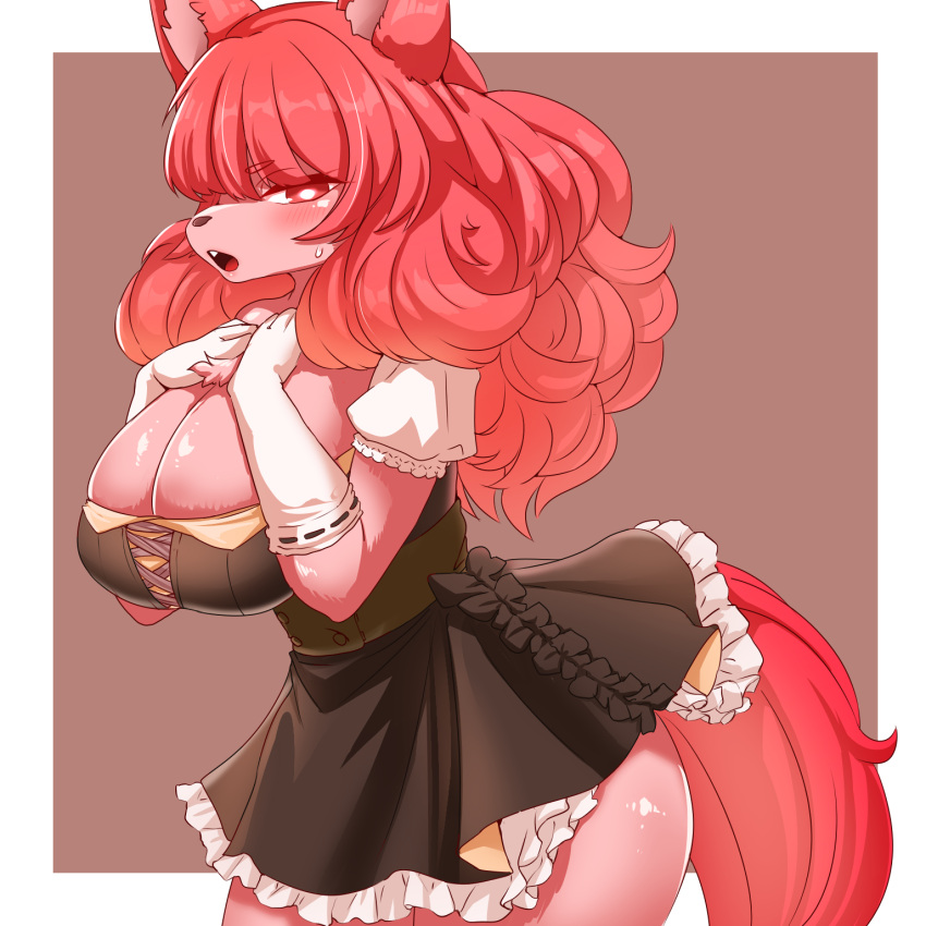 1:1 2023 anthro big_breasts black_clothing black_dress breasts canid chest_tuft clothing dress female fur hair hi_res hikyou_takarasou mammal open_mouth red_body red_eyes red_fur red_hair simple_background solo tail tuft