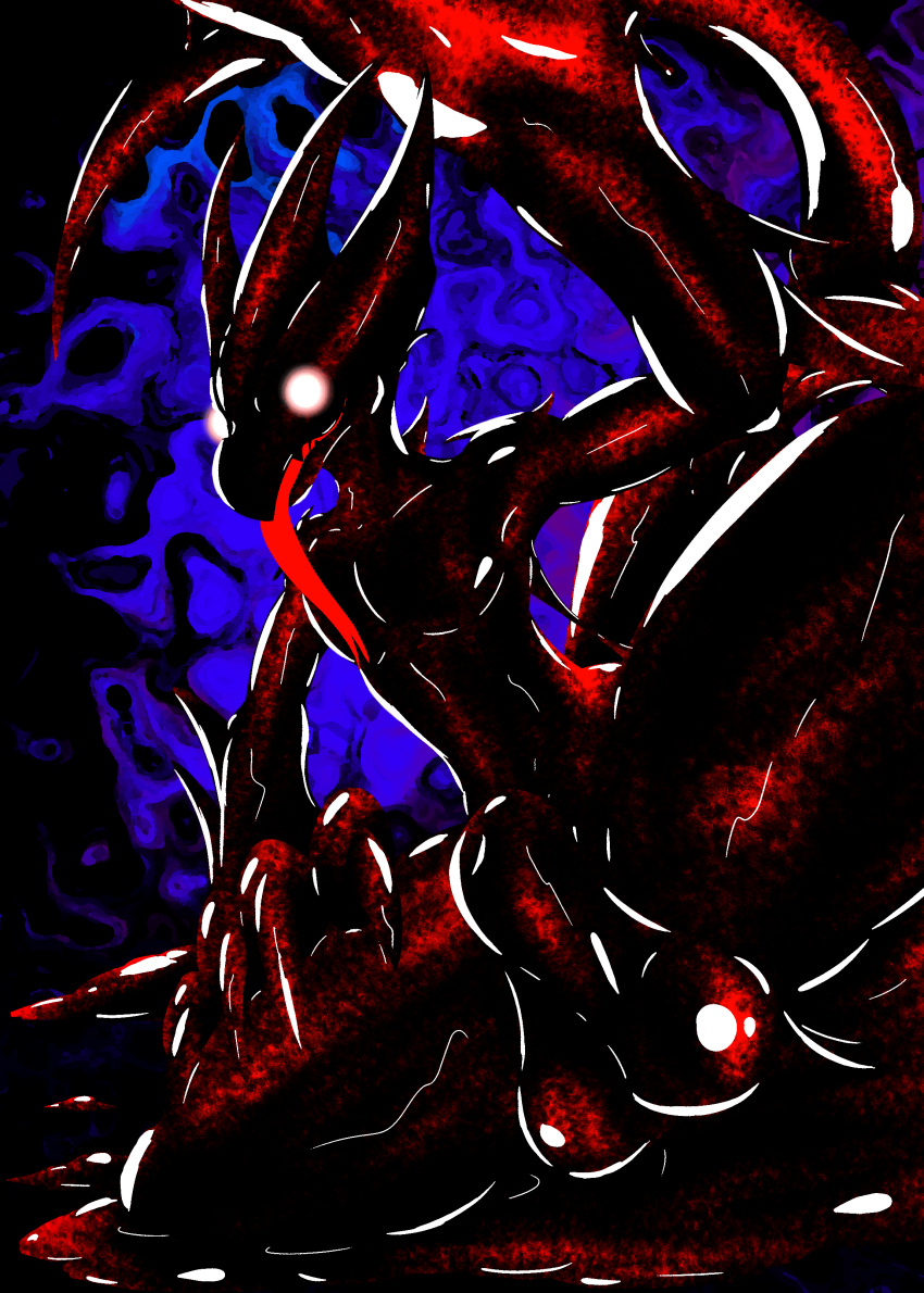 4_fingers absurd_res aghanashi_(shadowsoulful) animal_genitalia anthro balls black_body charmeleon claws darkness dripping fan_character fangs finger_claws fingers generation_1_pokemon genitals gesture glistening glistening_body glistening_genitalia glowing glowing_eyes goo_creature hi_res horn latex looking_at_viewer male nintendo nude pokemon pokemon_(species) red_tongue scalie shadow shadow_creature shadowsoulful sheath slime solo teeth thick_thighs tongue waving waving_at_viewer white_eyes wide_hips