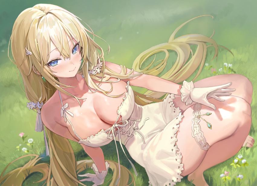 1girl absurdres bare_arms bare_shoulders barefoot blonde_hair blue_eyes breasts cleavage dress freng gloves grass hair_ornament hairclip halter_dress halterneck highres large_breasts long_hair looking_at_viewer mole mole_under_eye no_bra original short_dress sleeveless sleeveless_dress smile solo spaghetti_strap thigh_strap thighs very_long_hair white_dress white_gloves