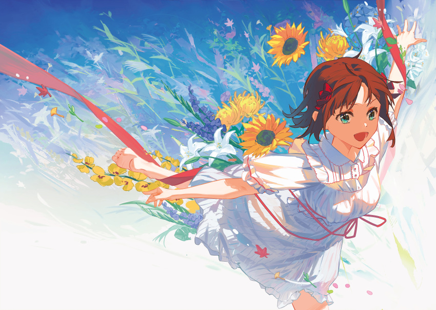 1girl absurdres amami_haruka barefoot brown_hair da_tengzi dress falling_petals flower hair_ribbon highres idolmaster idolmaster_(classic) idolmaster_million_live! leg_up looking_ahead outstretched_arms petals red_ribbon ribbon short_hair short_sleeves smile soles solo sunflower toes white_dress