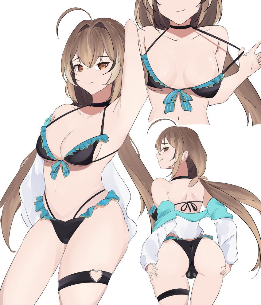 absurdres ahoge bare_shoulders bikini black_bikini black_hair breasts brown_eyes brown_hair cleavage collarbone frilled_bikini frills hair_between_eyes hands_on_own_ass heart_o-ring highres hololive hololive_english huge_ahoge jacket kaffsu long_hair looking_at_viewer looking_back medium_breasts multicolored_hair nanashi_mumei navel o-ring o-ring_thigh_strap open_clothes open_jacket ponytail smile swimsuit thigh_strap very_long_hair white_hair white_jacket