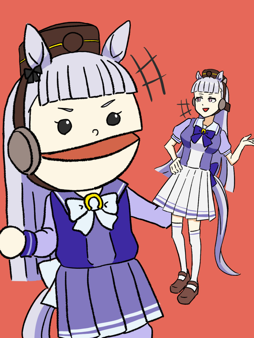 1girl animal_ears benjamin_(user_cajx4852) blunt_bangs bow bowtie brown_footwear gold_ship_(umamusume) grey_hair highres horse_ears horse_girl horseshoe_ornament long_hair pillbox_hat pleated_skirt puffy_short_sleeves puffy_sleeves puppet purple_bow purple_bowtie purple_eyes purple_shirt red_background sailor_collar sailor_shirt school_uniform shirt short_sleeves simple_background skirt thighhighs tracen_school_uniform umamusume white_skirt white_thighhighs