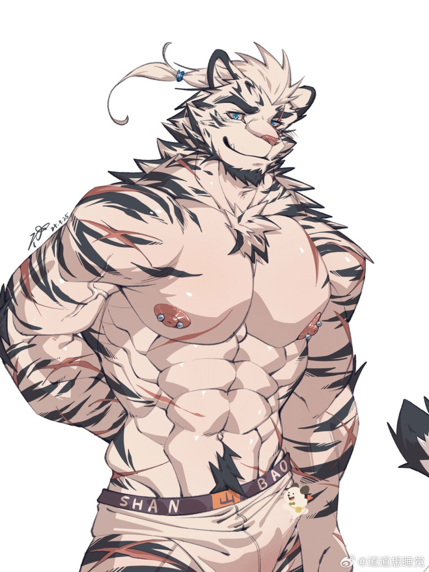 1boy abs animal_ears arknights artist_request bara barbell_piercing boxer_briefs cowboy_shot facial_hair furry furry_male goatee highres large_pectorals leng_sediao_kafei looking_at_viewer male_focus male_underwear mountain_(arknights) muscular muscular_male nipples pectorals piercing scar scar_across_eye scar_on_arm short_hair solo thick_eyebrows tiger_boy tiger_ears topless_male underwear veins veiny_arms white_hair white_male_underwear