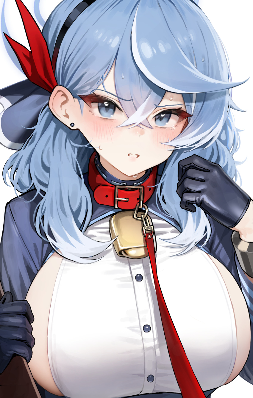 1girl absurdres ako_(blue_archive) animal_collar bell black_gloves blue_archive blue_eyes blue_hair blue_jacket blush breasts clipboard collar earrings gloves halo highres holding holding_clipboard jacket jewelry large_breasts leash looking_at_viewer mochirong neck_bell shirt sideboob sideless_shirt simple_background solo stud_earrings sweat upper_body viewer_holding_leash white_background white_shirt