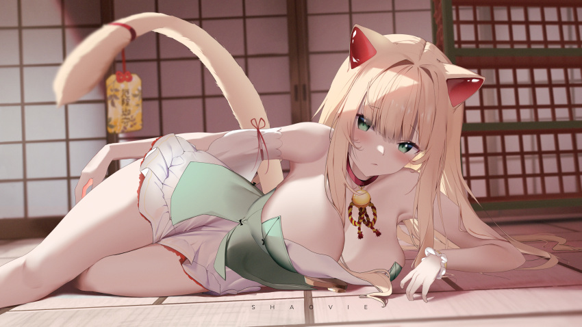 1girl :/ absurdres animal_ears bare_shoulders bell blonde_hair blush breasts cat_ears cat_girl cat_tail character_name choker cleavage closed_mouth detached_sleeves dress feet_out_of_frame frilled_dress frills green_eyes hair_between_breasts highres indie_virtual_youtuber indoors jingle_bell large_breasts long_hair looking_at_viewer lying neck_bell on_ground on_side red_choker red_ribbon ribbon scrunchie shaovie shaoviie short_dress shouji single_sleeve sliding_doors solo straight_hair strapless strapless_dress tail tail_ornament tail_raised tail_ribbon tatami two-tone_dress white_scrunchie white_sleeves wrist_scrunchie