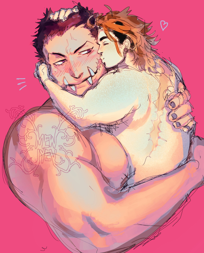 2boys bara belly black_hair blush charlotte_katakuri couple cropped_torso extra_tusks hand_on_another's_head happy highres hug kiss kissing_cheek male_focus maren_(mewtides) mewiyev multiple_boys muscular muscular_male mutual_hug nude one_piece original pectoral_press pectorals plump profile short_hair size_difference smile stitches thick_eyebrows tusks upper_body