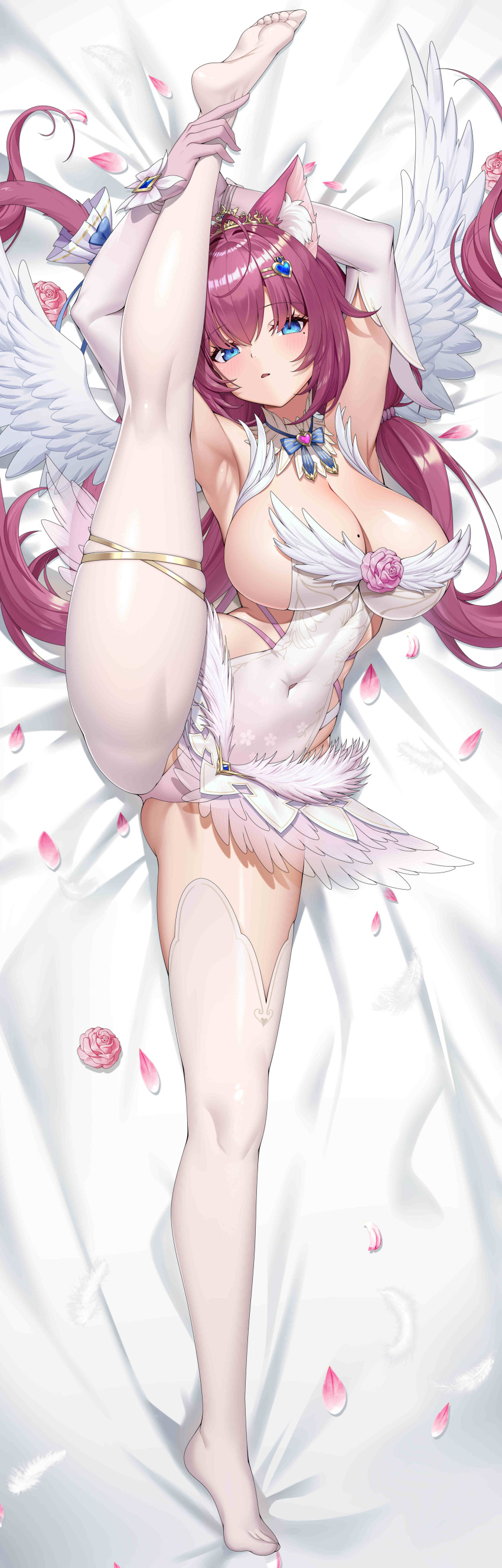 1girl absurdres angel_wings animal_ear_fluff animal_ears blue_eyes breasts covered_navel dakimakura_(medium) detached_collar elbow_gloves full_body gloves highres impossible_clothes incredibly_absurdres indie_virtual_youtuber kosuzu_hisae large_breasts little_egg long_hair looking_at_viewer low_twintails pantyhose petals pink_hair solo split standing standing_on_one_leg standing_split twintails very_long_hair white_pantyhose wings