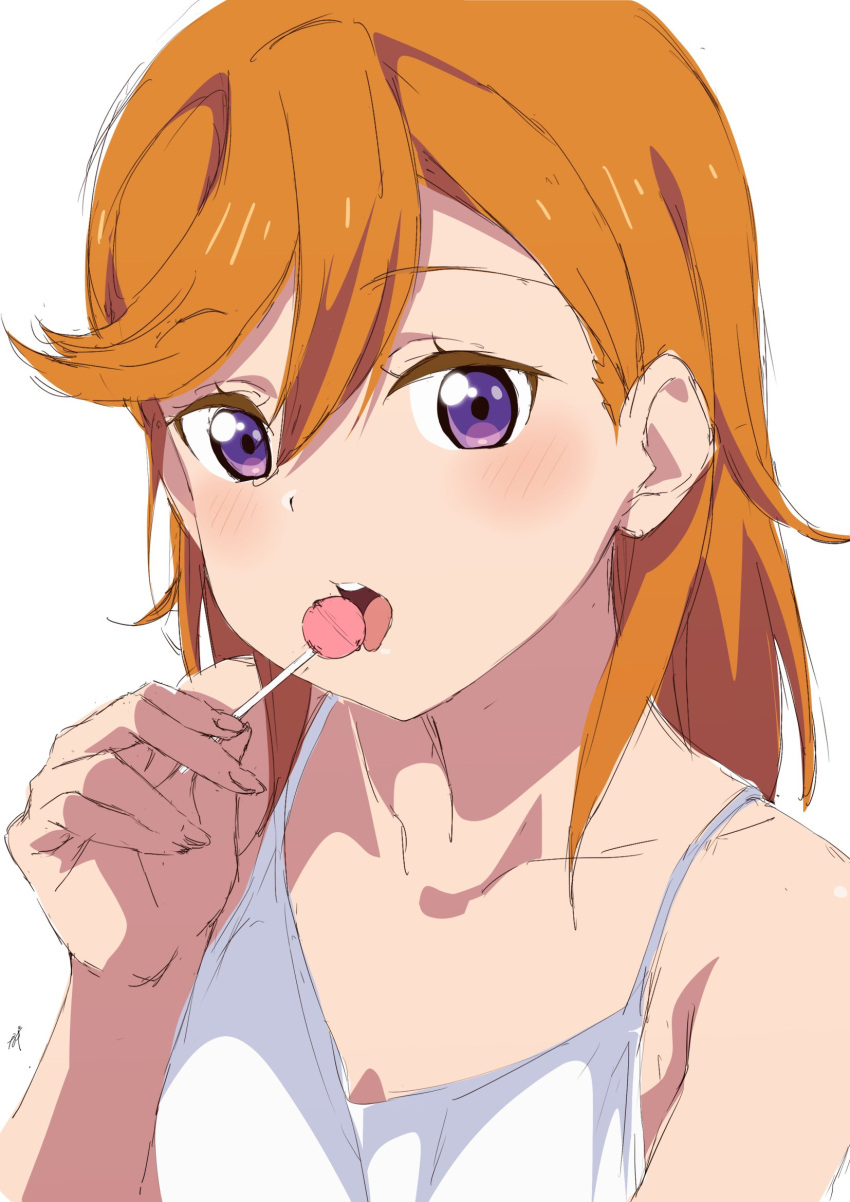 1girl candy food highres licking lollipop looking_at_viewer love_live! love_live!_superstar!! nagi_mkrnpn orange_hair purple_eyes shibuya_kanon shirt spaghetti_strap tongue tongue_out white_background white_shirt