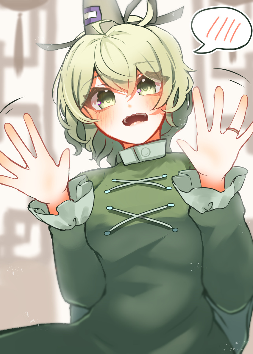 1girl absurdres black_hat blurry blurry_background commentary_request cross-laced_clothes dress green_dress green_eyes green_hair hat highres jewelry long_sleeves looking_at_viewer open_mouth ring short_hair soga_no_tojiko solo spoken_blush takana_(forsterite) touhou upper_body