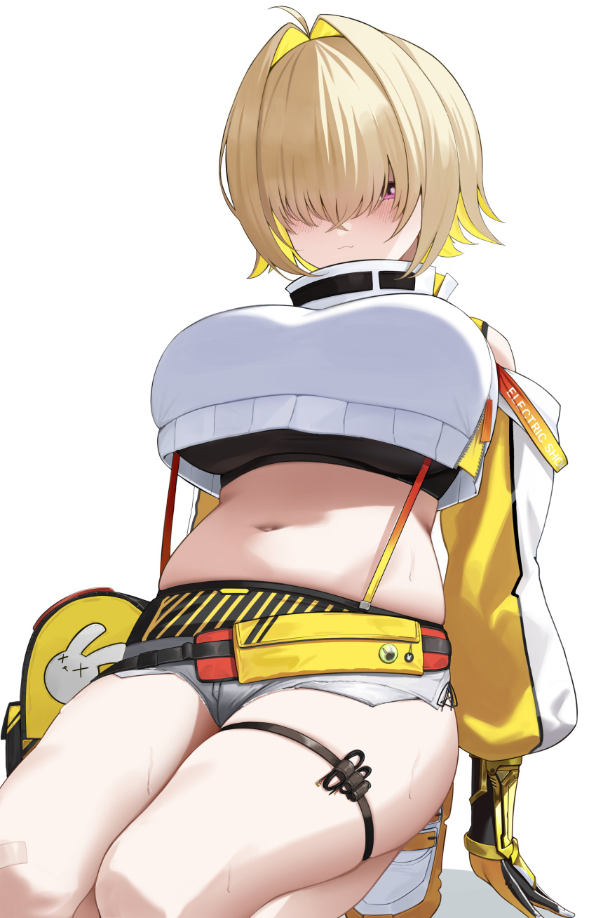 1girl absurdres ahoge bexercube black_sports_bra blonde_hair blush breasts closed_mouth commentary crop_top crop_top_overhang cropped_sweater elegg_(nikke) goddess_of_victory:_nikke grey_shorts hair_intakes hair_over_eyes highres kneeling large_breasts long_sleeves looking_at_viewer micro_shorts multicolored_hair navel plump purple_eyes short_hair shorts simple_background smile solo sports_bra squatting stomach suspender_shorts suspenders sweater thigh_strap thighs two-tone_hair white_background white_sweater