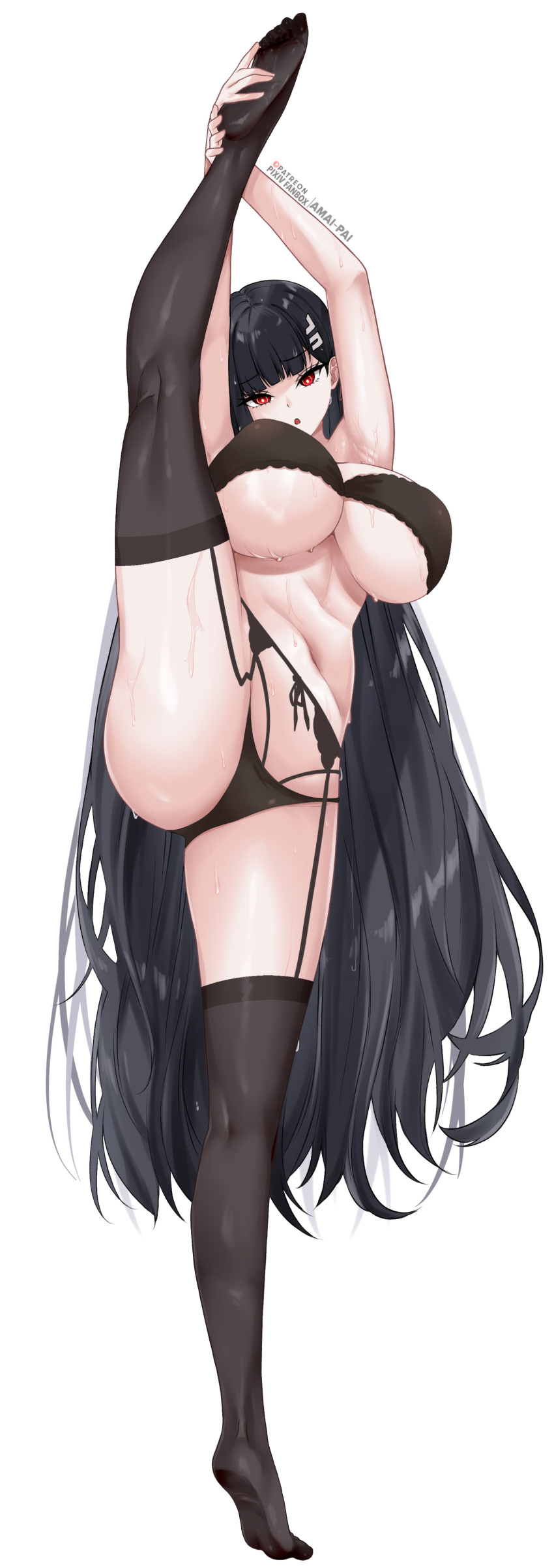 1girl :o absurdres amai-pai armpits black_bra black_garter_straps black_hair black_panties black_thighhighs blue_archive bra breasts commentary_request full_body garter_straps highres large_breasts long_hair looking_at_viewer navel no_halo panties patreon_username red_eyes rio_(blue_archive) simple_background solo split standing standing_on_one_leg standing_split stomach sweat thighhighs thighs underboob underwear underwear_only very_long_hair white_background