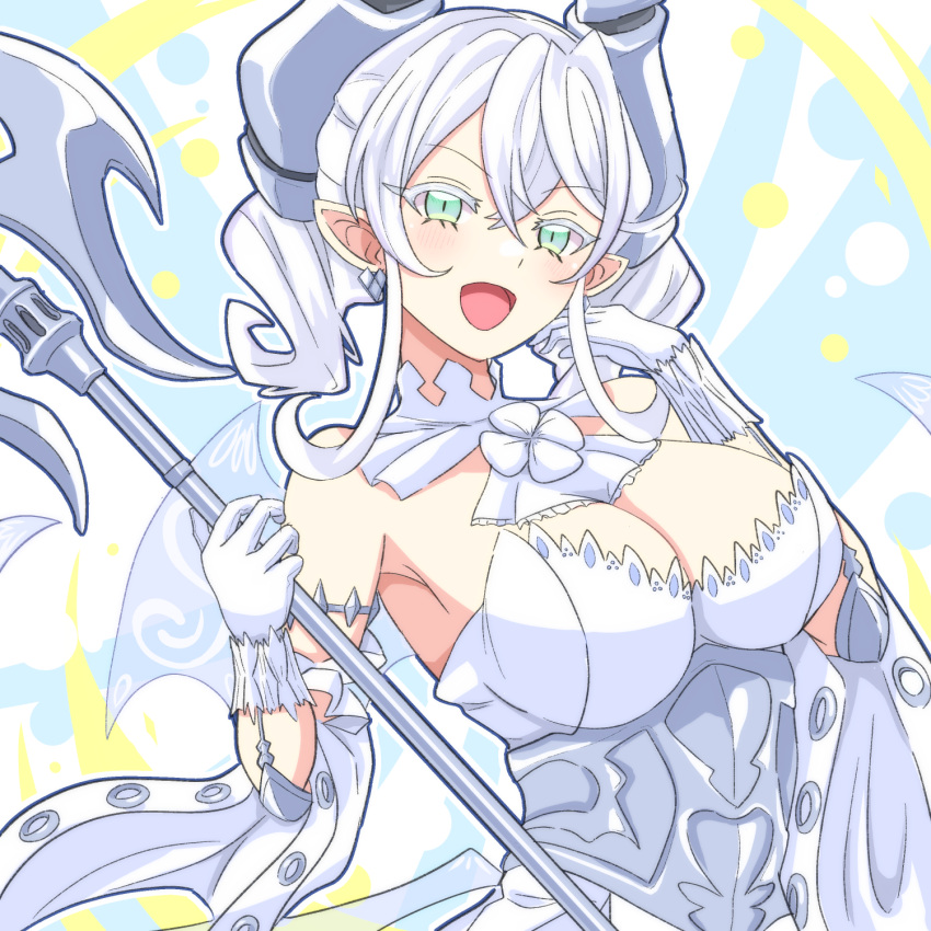 1girl bare_shoulders breasts cleavage daiichi_(1279220) demon_girl demon_horns demon_wings dress drill_hair duel_monster earrings gloves green_eyes grey_hair halberd highres holding holding_polearm holding_weapon horns jewelry large_breasts lovely_labrynth_of_the_silver_castle medium_hair open_mouth pointy_ears polearm smile solo strapless strapless_dress tongue transparent_wings twin_drills weapon white_dress white_gloves wings yu-gi-oh!