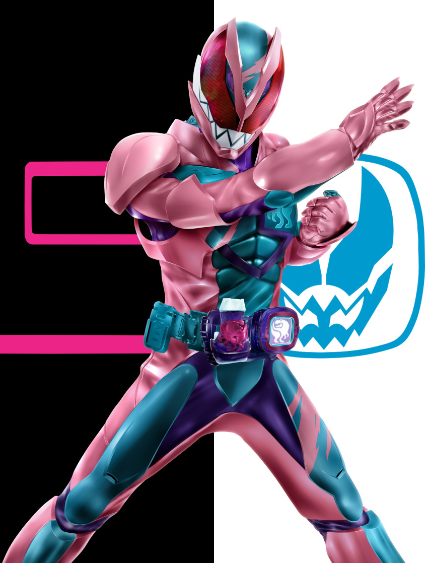 1boy absurdres armor blue_armor bodysuit compound_eyes driver_(kamen_rider) gloves highres kamen_rider kamen_rider_revi kamen_rider_revice kuzurx logo male_focus pink_armor purple_bodysuit red_eyes revice_driver rex_genome rider_belt sharp_teeth solo teeth tokusatsu vistamp