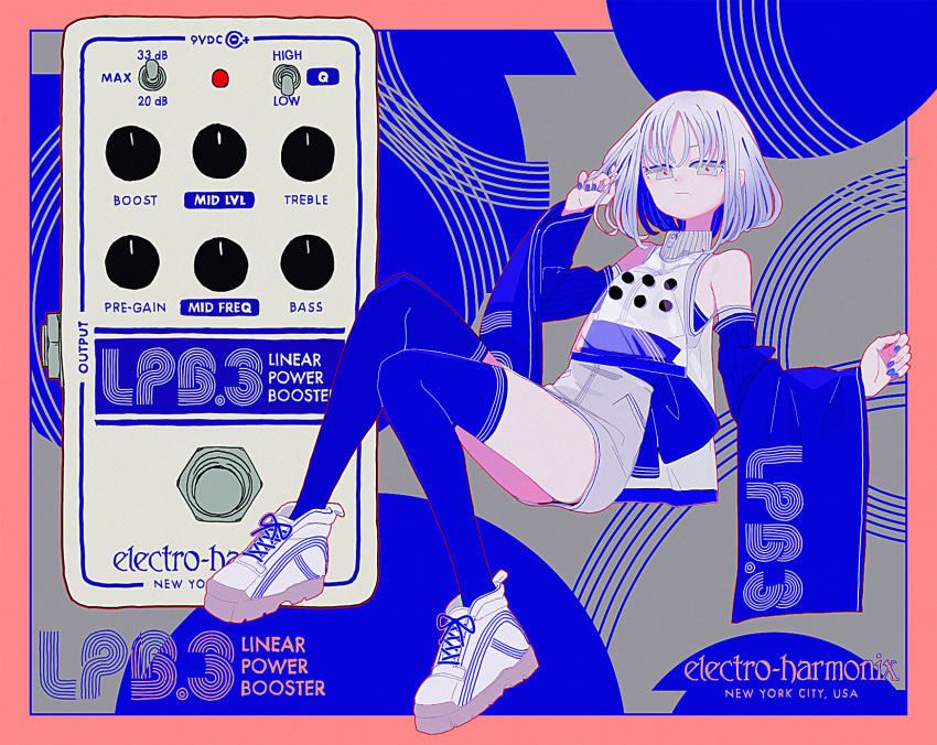 1girl abstract_background alt_text bare_shoulders blue_background blue_eyes blue_hair blue_nails blue_sash blue_sleeves blue_theme blue_thighhighs border buttons closed_mouth clothes_writing detached_sleeves dress effects_pedal electro-harmonix full_body grey_background hand_in_own_hair hand_up high_collar highres light_blue_hair long_sleeves looking_at_viewer n_o_t_a nail_polish original outside_border personification print_sleeves red_border red_pupils sash shoes short_dress sitting sleeveless sleeveless_dress sneakers solo thighhighs two-tone_background zipper_pull_tab