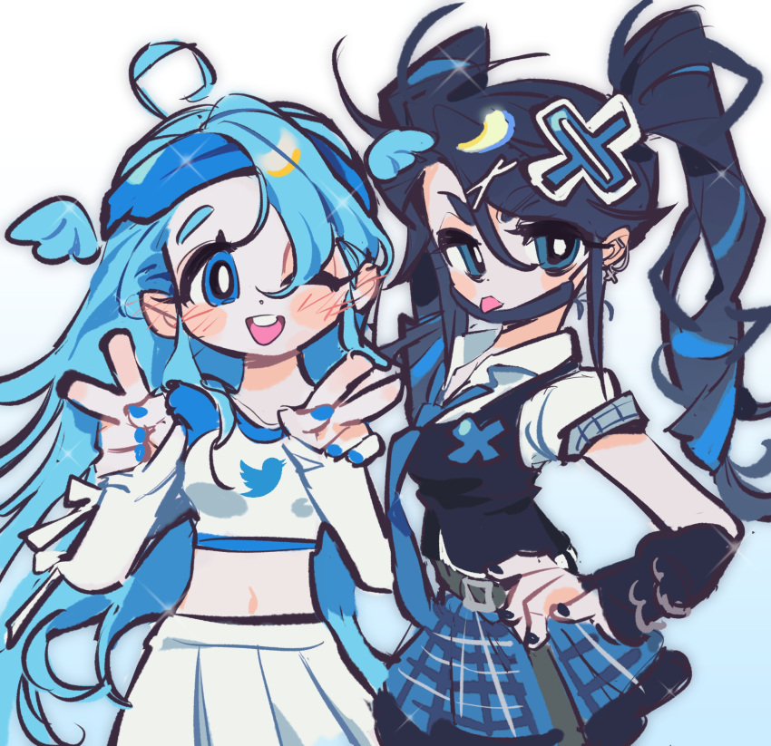 2girls :p ;d absurdres ahoge barbell_piercing belt black_hair blue_eyes blue_hair blue_hairband blue_nails blue_necktie blue_skirt blue_trim blush bright_pupils cowboy_shot crop_top detached_sleeves detached_wings dot_nose double_v ear_chain ear_piercing facing_viewer hair_between_eyes hair_ornament hair_wings hairband hand_on_own_hip hands_up happy high_ponytail highres industrial_piercing kerberos_(kerbe_) long_eyelashes long_hair long_sleeves looking_at_viewer mini_wings multicolored_hair multiple_girls nail_polish navel necktie one_eye_closed piercing plaid plaid_skirt pleated_skirt print_shirt shirt short_sleeves side-by-side simple_background sketch skirt sleeve_cuffs smile sparkle streaked_hair sweater_vest teeth three_quarter_view tongue tongue_out twintails twitter twitter-san twitter_bird twitter_logo two-tone_hair upper_teeth_only v v-shaped_eyebrows very_long_hair white_background white_shirt white_skirt wing_collar wings x_hair_ornament