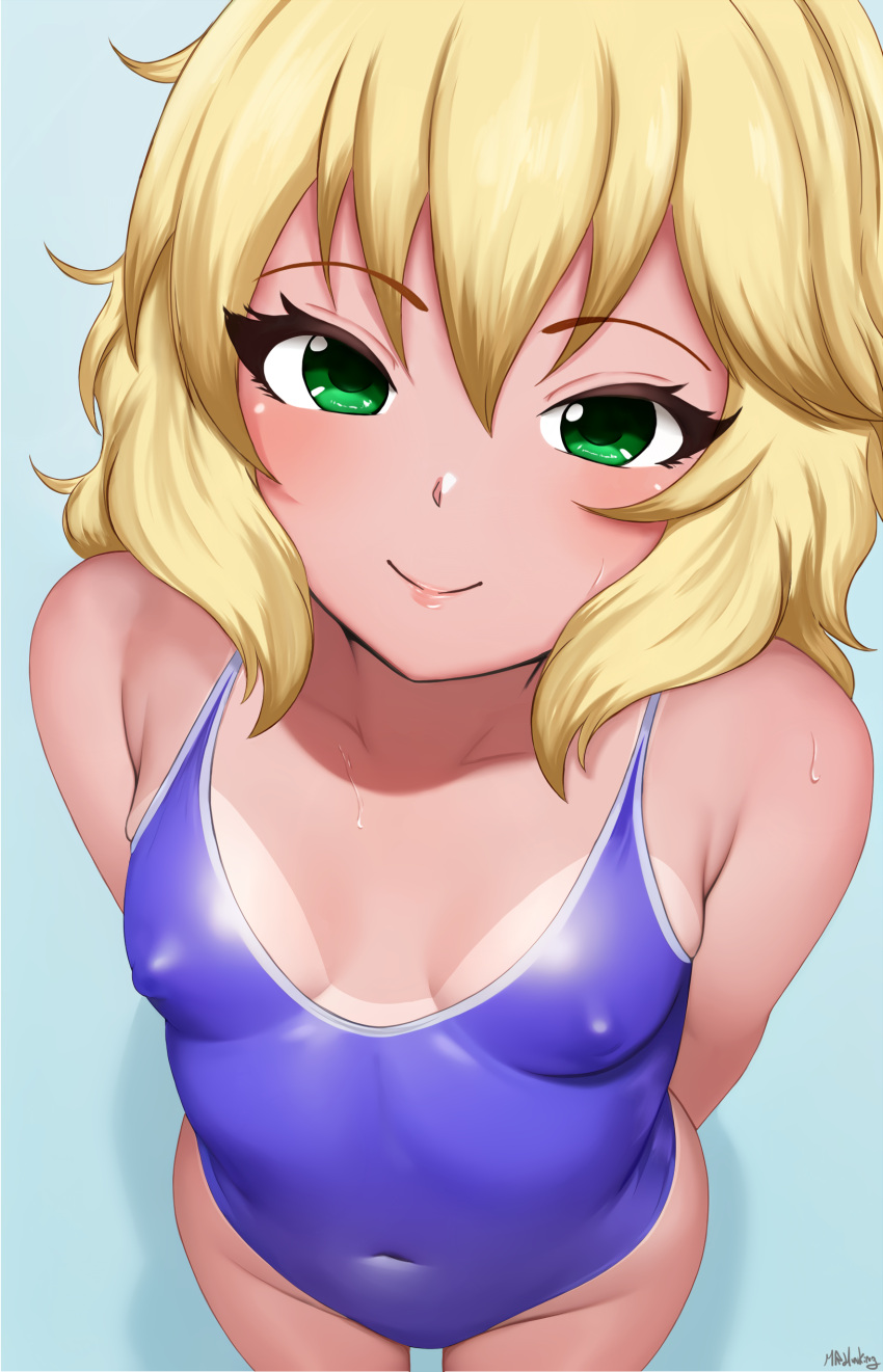 1girl absurdres artist_name bare_shoulders blonde_hair blush breasts breasts_apart closed_mouth collarbone commentary covered_navel covered_nipples cowboy_shot english_commentary gradient_background green_eyes groin hair_between_eyes highres idolmaster idolmaster_cinderella_girls looking_at_viewer medium_breasts mrhunking one-piece_swimsuit purple_one-piece_swimsuit sakurai_momoka school_swimsuit short_hair signature simple_background small_breasts smile solo standing swimsuit tan tanlines thigh_gap thighs twitter_username wet