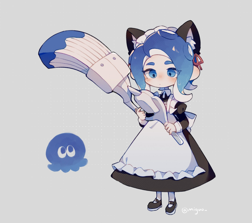 1girl animal_ear_fluff animal_ears apron artist_name back_bow black_dress black_footwear blue_eyes blue_hair blush_stickers bow cat_ears chibi chibi_inset closed_mouth deformed dress fake_animal_ears frilled_apron frills full_body grey_background hair_ribbon highres holding holding_weapon juliet_sleeves long_dress long_hair long_sleeves maid maid_apron maid_headdress mary_janes miguo_png no_nose octobrush_(splatoon) octoling octoling_girl octoling_player_character pantyhose puffy_sleeves red_ribbon ribbon shoes solo splatoon_(series) standing suction_cups tentacle_hair weapon white_apron white_bow white_pantyhose