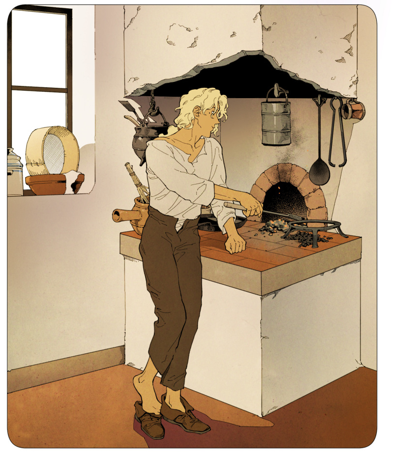 1boy 5altybitter5 blonde_hair brick_oven brown_footwear closed_mouth fold-over_boots highres indoors male_focus mole mole_under_eye original oven ponytail shirt solo standing white_shirt