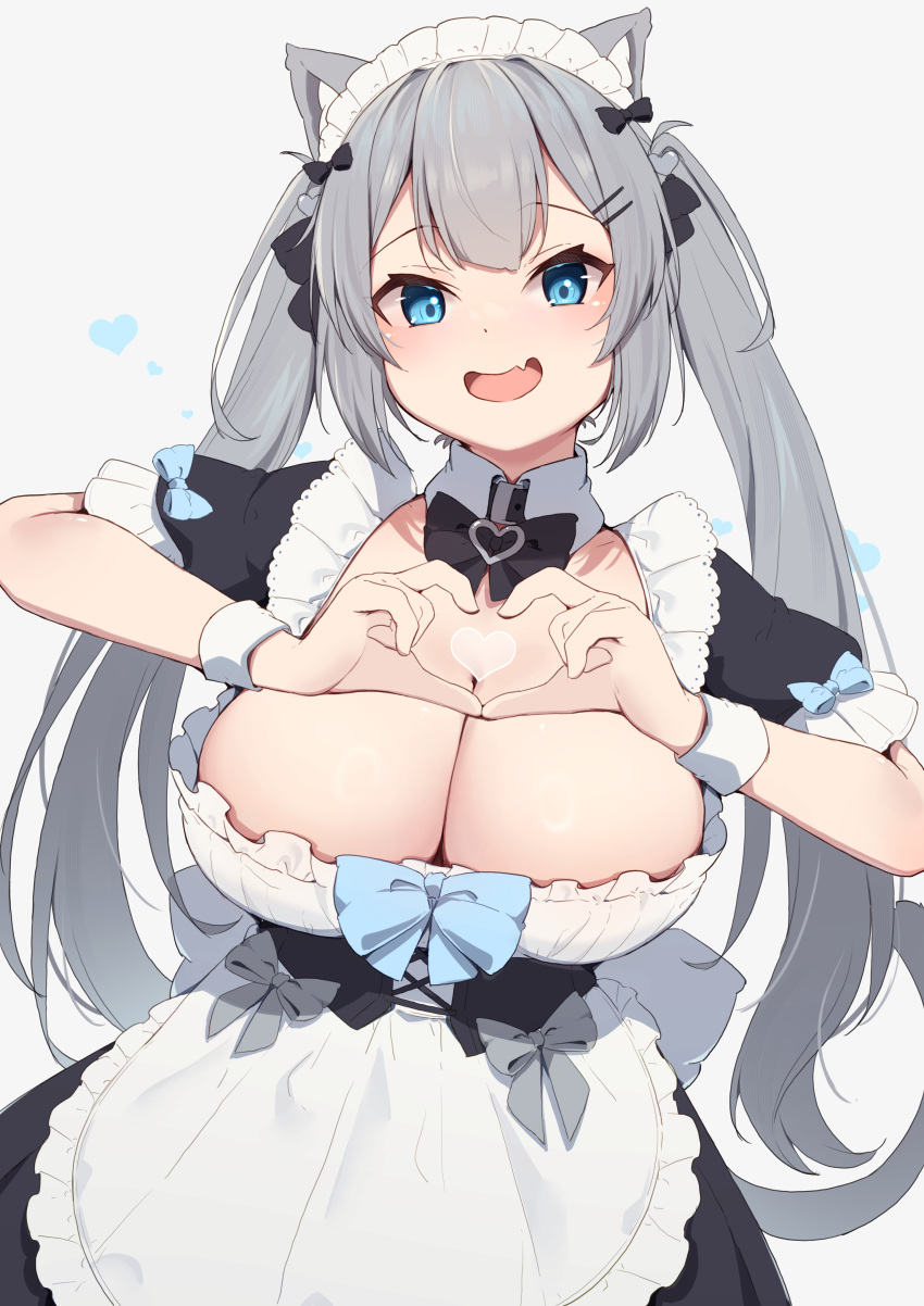1girl :d absurdres animal_ears apron black_bow black_bowtie blue_eyes bow bowtie breasts cat_ears cat_girl cleavage fang grey_background grey_hair heart heart_hands highres hinata_(user_rjkt4745) large_breasts long_hair looking_at_viewer maid maid_apron maid_headdress open_mouth original short_sleeves simple_background skin_fang smile twintails white_apron