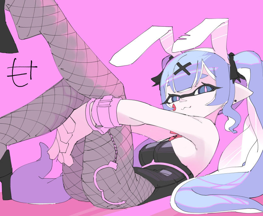 1girl animal_ears blue_eyes blue_hair highres inkling inkling_girl inkling_player_character long_hair mocamocaink playboy_bunny pointy_ears rabbit_ears simple_background solo solo_focus splatoon_(series) splatoon_1 splatoon_2 splatoon_3 suction_cups tentacle_hair white_background