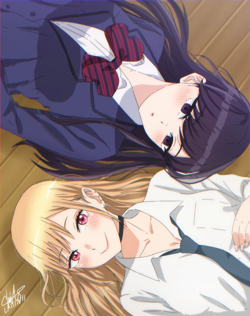 2girls black_choker black_eyes black_hair blonde_hair blue_jacket bow bowtie choker collarbone commentary crossover ear_piercing earrings highres itan_private_high_school_uniform jacket jewelry kitagawa_marin komi-san_wa_komyushou_desu komi_shouko laillnii long_hair looking_at_viewer lying multiple_girls necktie on_back parted_lips piercing red_bow red_bowtie red_eyes rotational_symmetry school_uniform shirt signature smile sono_bisque_doll_wa_koi_wo_suru upper_body white_shirt wooden_floor