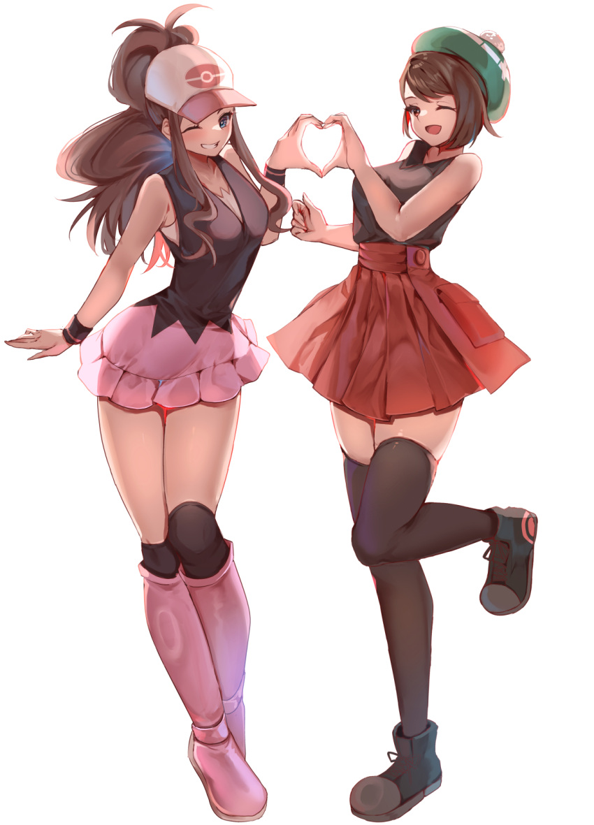 2girls bare_arms bare_shoulders baseball_cap blue_eyes boots brown_eyes brown_hair commission cosplay dawn_(pokemon) dawn_(pokemon)_(cosplay) dress full_body gloria_(pokemon) grin hat heart heart_hands heart_hands_duo high-waist_skirt highres hilda_(pokemon) legs_together long_hair miniskirt momdy_(talesshinja) multiple_girls one_eye_closed open_mouth outstretched_arm over-kneehighs parted_bangs pink_footwear pixiv_commission pokemon pokemon_bw pokemon_swsh serena_(pokemon) serena_(pokemon)_(cosplay) shirt shirt_tucked_in shoes short_dress short_hair skindentation skirt sleeveless sleeveless_dress sleeveless_shirt smile standing standing_on_one_leg swept_bangs tam_o'_shanter thighhighs zettai_ryouiki