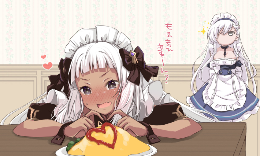 2girls apron azur_lane belfast_(azur_lane) black_bow blush bow collar crossed_arms dark-skinned_female dark_skin fang food grey_eyes hair_bow heart heart_hands indoors ketchup long_hair looking_at_viewer maid maid_headdress metal_collar mikuchi3939 multiple_girls nubian_(azur_lane) omelet omurice skin_fang sweatdrop table translation_request very_long_hair waist_apron white_apron white_hair