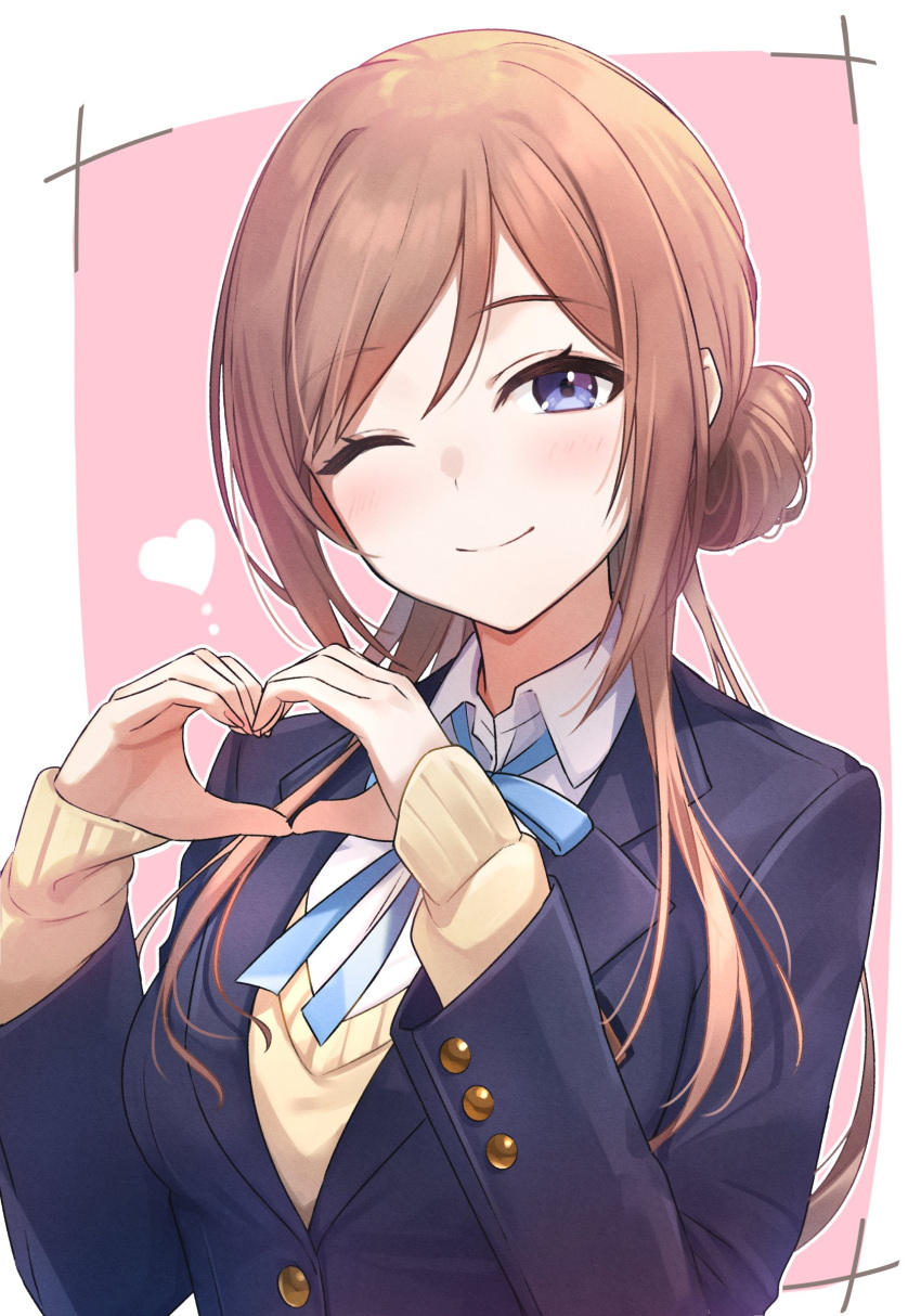 100wrench 1girl ;) absurdres blazer blue_jacket blue_ribbon blush breasts brown_hair fingernails gakuen_idolmaster hair_bun heart heart_hands highres himesaki_rinami idolmaster jacket long_hair long_sleeves looking_at_viewer medium_breasts neck_ribbon one_eye_closed ribbon school_uniform shirt single_side_bun smile solo sweater upper_body very_long_hair white_shirt yellow_sweater