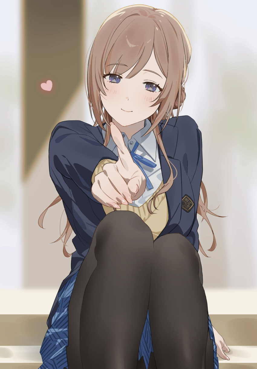 1girl black_pantyhose blue_jacket blue_ribbon blue_skirt blurry blurry_background blush brown_hair brown_sweater feet_out_of_frame gakuen_idolmaster head_tilt heart highres higuchi_mahiro himesaki_rinami idolmaster jacket knees_up light_smile long_hair long_sleeves looking_at_viewer neck_ribbon pantyhose pointing pointing_at_viewer ribbon school_uniform shirt sitting skirt solo sweater very_long_hair white_shirt