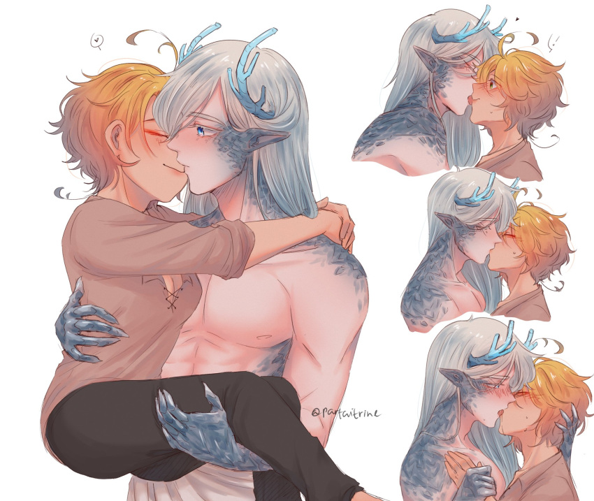 1boy 1girl blue_hair breasts brown_shirt closed_eyes dragon dragon_boy dragon_horns emma_(yakusoku_no_neverland) french_kiss green_eyes grey_hair highres horns kiss long_hair medium_breasts medium_hair multicolored_hair muscular muscular_male norman_(yakusoku_no_neverland) orange_hair parfaitrine pointy_ears shirt tongue tongue_out topless_male yakusoku_no_neverland