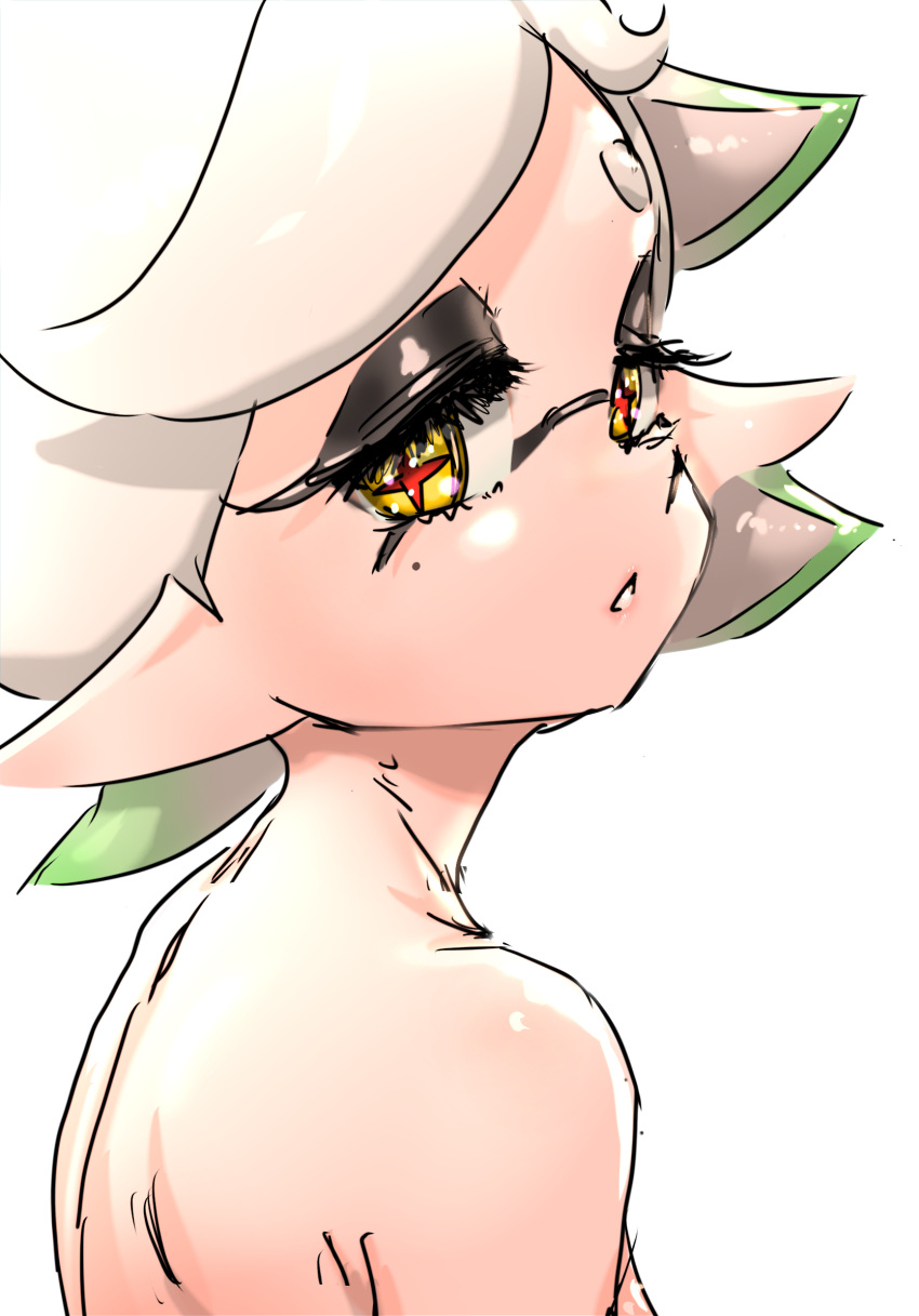 1girl cross-shaped_pupils eyelashes gradient_hair green_hair grey_hair highres inkling koharu2.5 marie_(splatoon) mole mole_under_eye multicolored_hair nude parted_lips pointy_ears red_pupils short_eyebrows short_hair simple_background solo splatoon_(series) symbol-shaped_pupils tentacle_hair two-tone_hair white_background yellow_eyes