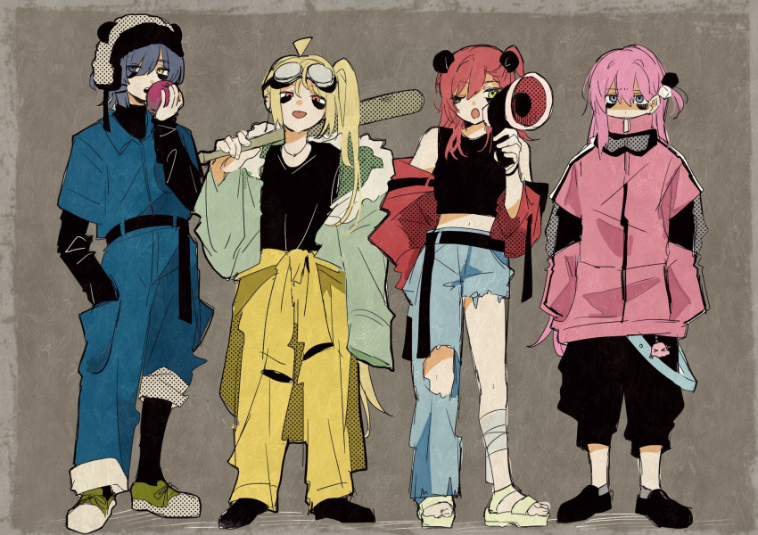 4girls ahoge baseball_bat black_footwear black_pants blonde_hair blue_eyes blue_hair blue_pants bocchi_the_rock! fuji_1221 gotoh_hitori gotoh_hitori_(octopus) green_eyes green_footwear green_jacket highres holding holding_baseball_bat holding_megaphone ijichi_nijika jacket kita_ikuyo long_hair looking_at_viewer megaphone multiple_girls one_eye_closed one_side_up open_mouth pants pink_hair pink_jacket red_eyes red_hair red_jacket shoes short_hair side_ponytail standing tongue tongue_out yamada_ryo yellow_eyes yellow_pants