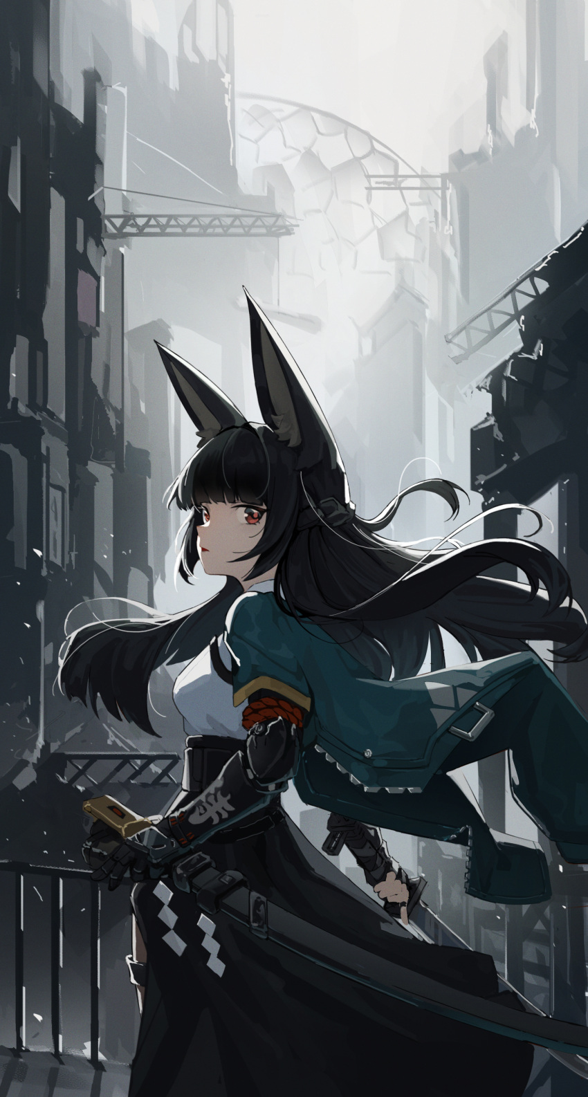 1girl absurdres animal_ears aqua_jacket arm_strap asymmetrical_gloves black_gloves black_hair black_skirt blunt_bangs breasts closed_mouth collared_shirt commentary_request fox_ears from_behind gloves half_updo highres holding holding_sword holding_weapon hoshimi_miyabi jacket jiaowohuangdaoa long_hair long_skirt looking_at_viewer mechanical_arms mechanical_hands medium_breasts open_clothes open_jacket outdoors railing red_eyes red_rope rope ruins scabbard sheath shirt side_slit sidelocks single_mechanical_arm single_mechanical_hand skirt solo sword unsheathed weapon white_shirt zenless_zone_zero