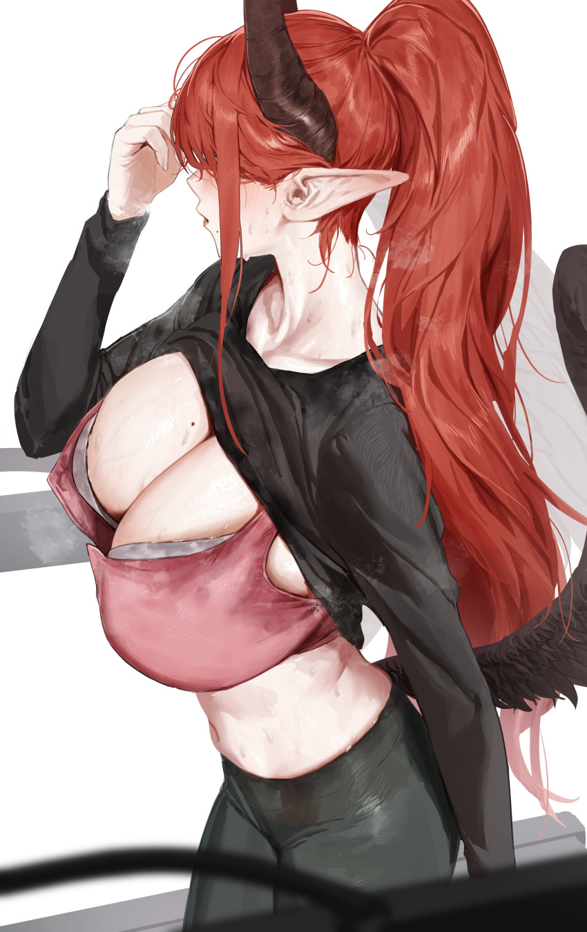 1girl absurdres black_horns breasts cleavage demon_girl from_side highres horns huge_breasts marse_(rokudaime) midriff navel original red_hair simple_background solo white_background