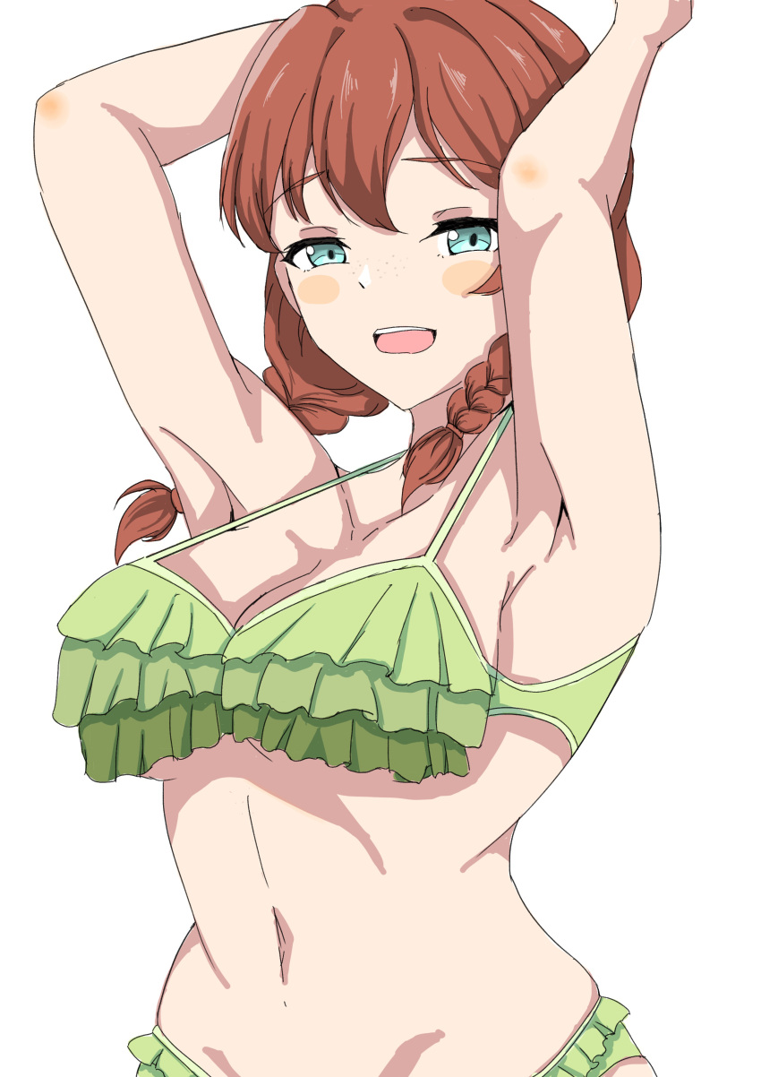 1girl absurdres arms_up bikini blush_stickers braid breasts commentary_request emma_verde frilled_bikini frills green_bikini green_eyes highres hourou_(marte-seta) large_breasts long_hair looking_at_viewer love_live! love_live!_nijigasaki_high_school_idol_club open_mouth simple_background smile solo swimsuit twin_braids upper_body white_background