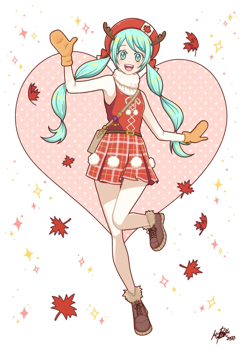 :d antlers aqua_hair boots canada fur_boots hatsune_miku hatsune_miku_expo heart heart_background highres horns leaf long_hair looking_at_viewer maple_leaf mew_shelle mittens pom_pom_(clothes) reindeer_antlers sleeveless smile twintails ugg_boots very_long_hair vocaloid