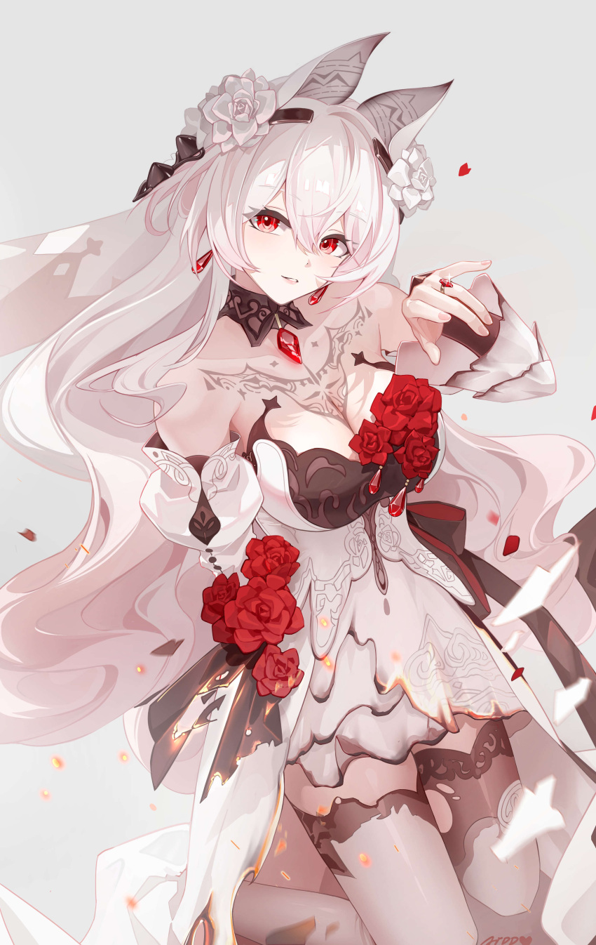 1girl absurdres ai_dongdong bare_shoulders black_collar breasts chest_tattoo chinese_commentary collar commentary_request cowboy_shot detached_sleeves dress earrings flower hair_between_eyes hair_flower hair_ornament highres honkai_(series) honkai_impact_3rd jewelry large_breasts long_hair looking_at_viewer parted_lips red_eyes red_flower red_rose ring rose sidelocks signature simple_background solo tattoo theresa_apocalypse theresa_apocalypse_(luna_kindred) theresa_apocalypse_(lunar_vow:_crimson_love) thighhighs thighs very_long_hair white_dress white_flower white_hair white_rose white_sleeves white_thighhighs zettai_ryouiki