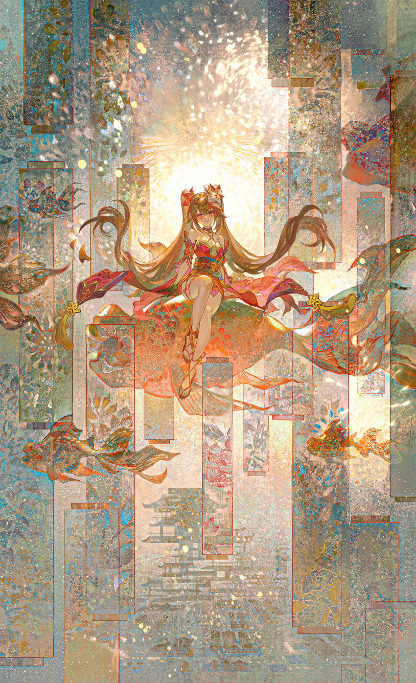 1girl architecture banner bare_shoulders black_gloves brown_hair closed_mouth colorful commentary detached_sleeves dress east_asian_architecture fireworks fish gloves highres honkai:_star_rail honkai_(series) knee_up long_hair looking_at_viewer obi pink_eyes red_dress red_sleeves sandals sash single_glove sitting smile solo sparkle_(honkai:_star_rail) tassel twintails very_long_hair wide_shot yinertang