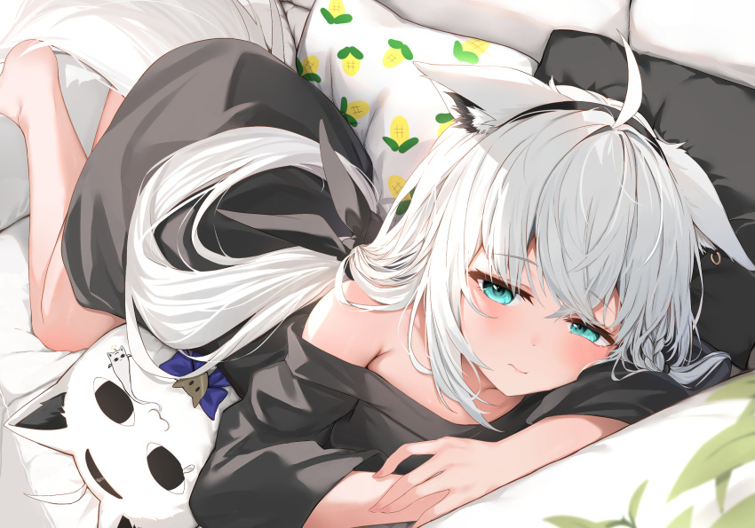 1girl ahoge animal_ears aqua_eyes bare_shoulders black_shirt blush breasts closed_mouth couch dot_nose highres koyokurosuki large_breasts long_hair looking_at_viewer lying no_legwear on_stomach original pillow shirakami_fubuki shirt sideboob sleepy sleeves_past_elbows solo tail very_long_hair white_hair white_tail