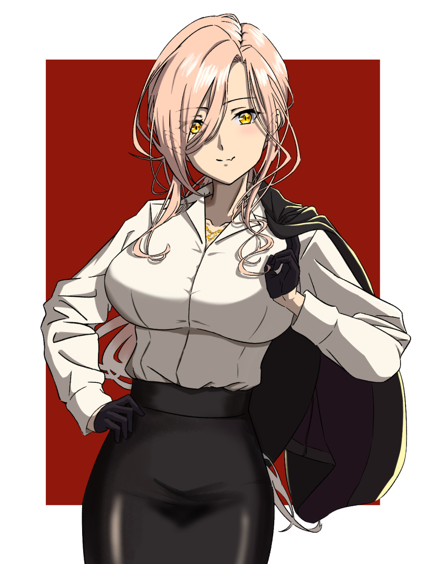 1girl benjamin_(user_cajx4852) black_gloves black_skirt blonde_hair border breasts collared_shirt gloves hair_between_eyes highres jacket large_breasts looking_at_viewer nijisanji nui_sociere red_background shirt simple_background skirt solo suit unworn_jacket virtual_youtuber white_border white_shirt yellow_eyes