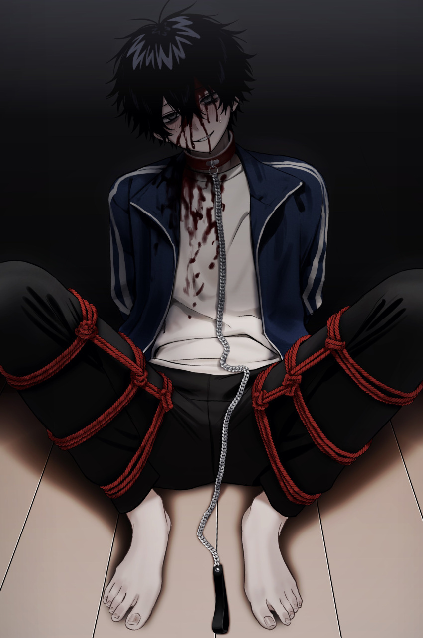 1boy absurdres arms_behind_back bags_under_eyes barefoot bdsm black_hair black_pants blood blood_on_clothes blood_on_face blue_jacket blush bondage bound bound_legs chain chain_leash hair_between_eyes highres imai_akira jacket leash long_sleeves looking_at_viewer male_focus on_floor open_clothes original pants parted_lips red_rope rope shirt sitting solo sweat