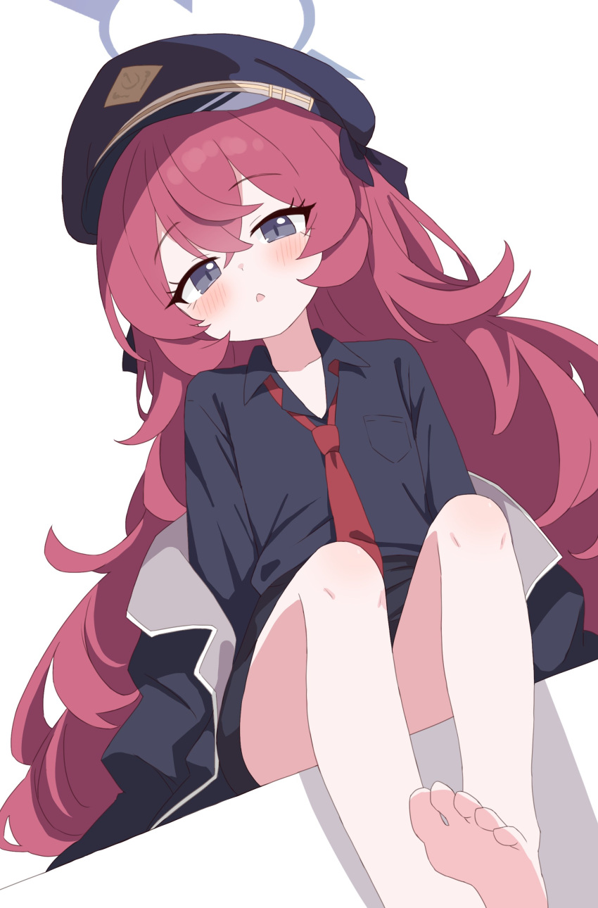 1girl absurdres barefoot black_coat black_hat black_shirt blue_archive breasts coat collared_shirt grey_eyes hair_between_eyes halo hat highres iroha_(blue_archive) long_hair long_sleeves looking_at_viewer necktie open_clothes open_coat open_mouth peaked_cap purple_halo red_hair red_necktie shirt simple_background sitting solo toes white_background yukisiannn