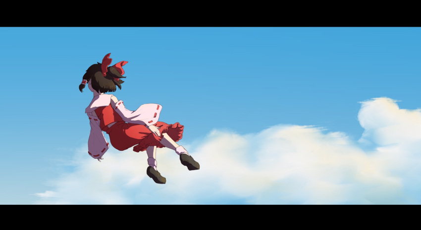 1girl as_scolipede black_footwear black_hair blue_sky bow cloud detached_sleeves flying frilled_hair_tubes frills full_body hair_bow hair_tubes hakurei_reimu high_ponytail highres letterboxed loafers open_mouth red_bow red_shirt red_skirt ribbon-trimmed_sleeves ribbon_trim shirt shoes short_hair short_ponytail skirt skirt_set sky socks solo touhou white_sleeves white_socks wide_sleeves