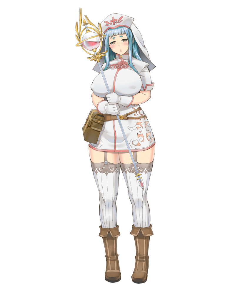 1girl blue_hair breast_lift breasts brown_footwear covered_nipples curvy dress freckles full_body garter_straps gloves hat highres holding holding_staff large_breasts long_hair looking_at_viewer nino_(pixiv_64539552) original plump pouch short_sleeves solo staff tachi-e thighhighs white_dress white_gloves white_hat white_thighhighs yellow_eyes