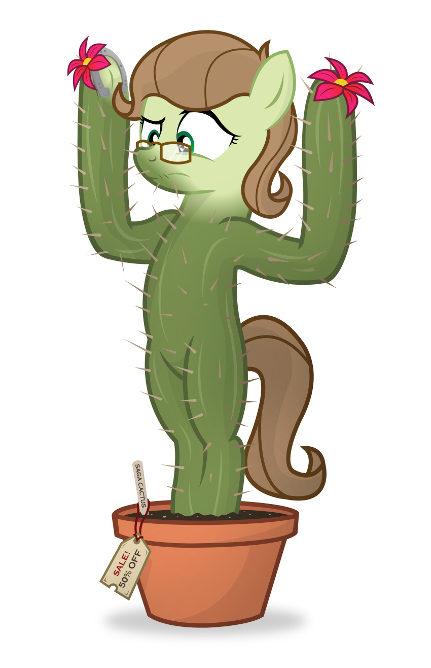 absurd_res brown_eyewear brown_glasses brown_hair brown_tail cactus discount discount_price earth_pony english_text equid equine eyewear female feral flower flower_pot fused_legs glasses green_body green_eyes hair hasbro hi_res hooves horse horseshoe icaron label mammal mid_transformation my_little_pony plant plant_pot plant_transformation pony potted_plant rectangular_glasses red_flower saguaro simple_background solo spines tail text transformation underhoof