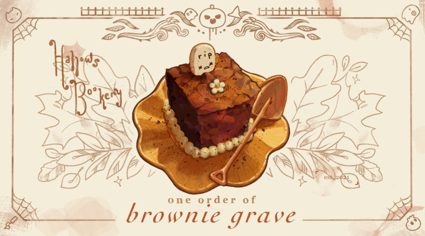 brownie_(food) food food_focus food_name halloween ichiknees leaf leaf_background no_humans original spider_web_background tombstone