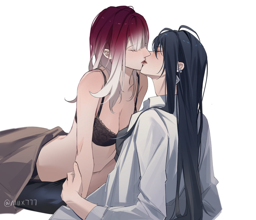 2girls black_bra black_hair bra breasts cleavage closed_eyes collared_shirt commentary_request earrings gradient_hair hand_on_another's_arm highres jewelry kiss long_hair medium_breasts miix777 multicolored_hair multiple_girls path_to_nowhere purple_hair rahu_(path_to_nowhere) reclining scar scar_across_eye shalom_(path_to_nowhere) shirt simple_background underwear white_background white_hair white_shirt yuri